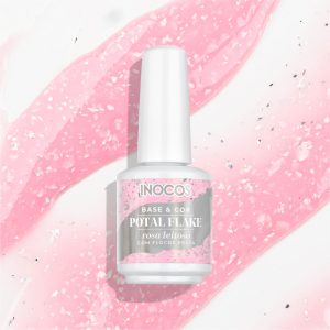 VERNIZ GEL BASE INOCOS POTAL ROSA LEITOSO FLOCOS PRATA , 15ML